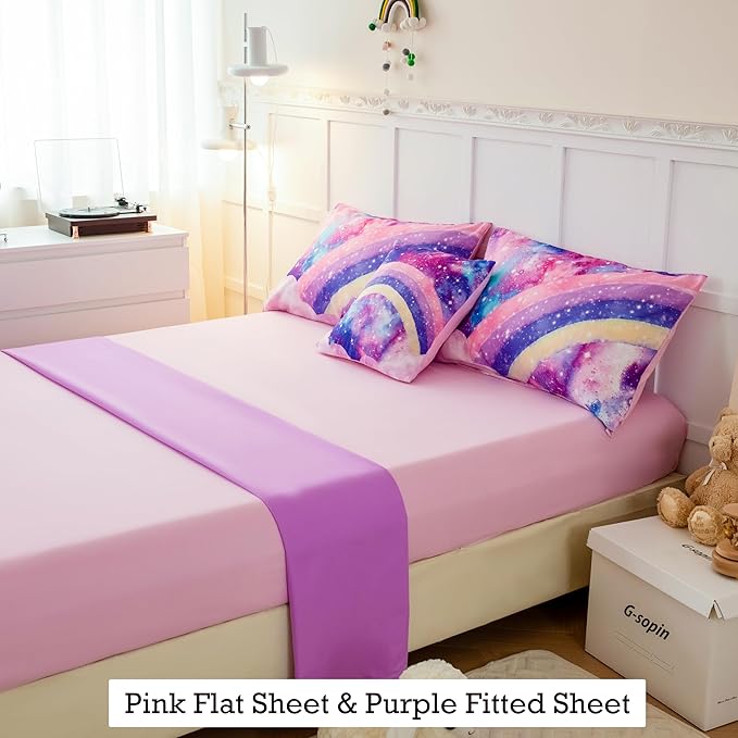 ANGIYUIN 6Pcs Pink Full Size Bed in A Bag for Girls 3D Tie Dye Comforter Sets Colorful Rainbow Kids Bedding Sets Ultra Soft Pastle Nebula Printed Bed in A Bag with Sheets