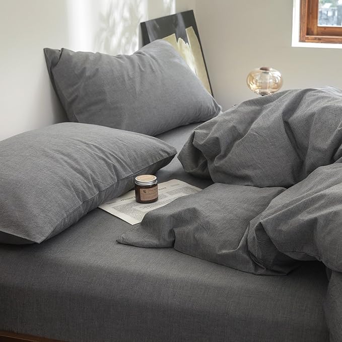 FOSSA Duvet Cover Set 100% Washed Cotton Linen Feel Super Soft Breathable Cozy 3 Pieces Bedding Sets Solid Dark Grey King