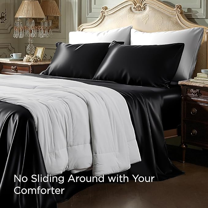 Bedsure Black Satin Sheets Full Size - 4 Piece Silky Bedsheets with 15 Inches Deep Pocket Fitted Bedsheet,1 Flat Sheet, 2 Satin Pillowcases, Good for Hair & Skin (Full, Black)