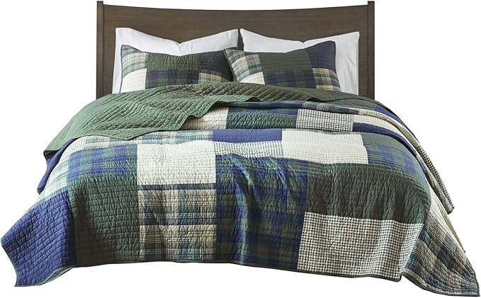 Woolrich Mill Creek Reversible Quilt Set - Cottage Styling Reversed to Solid Color, All Season Lightweight Coverlet, Cozy Bedding Layer, Matching Shams, Oversized Full/Queen, Plaid Green 3 Piece