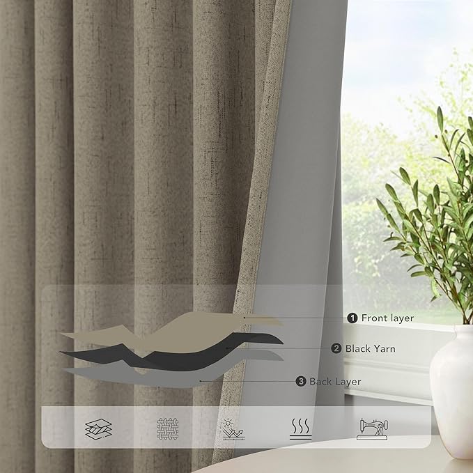 Pitalk Living Room Curtains 102 Inches Long for 103 Inch Tall Window Drape 100% Blackout Curtains for Bedroom Cold Weather Thermal Insulated Noise Reduction Curtain Farmhouse Style 2 Panels Dark Taupe