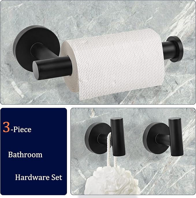 Matte Black Bathroom Hardware Set, Premium Stainless Steel 3-Piece Include 5 Inch Toilet Paper Holders and 2 Towel Robe Holder Hook for Bathroom, Kitchen, Washroom Wall Mount
