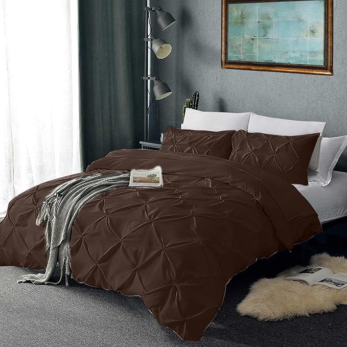 Pinch Pleated Duvet Cover Set 100% Cotton 3PC King Size 94x104 Duvet Cover Set, Decorative Pinch Design Brown Duvet Cover with Matching Pillow Case