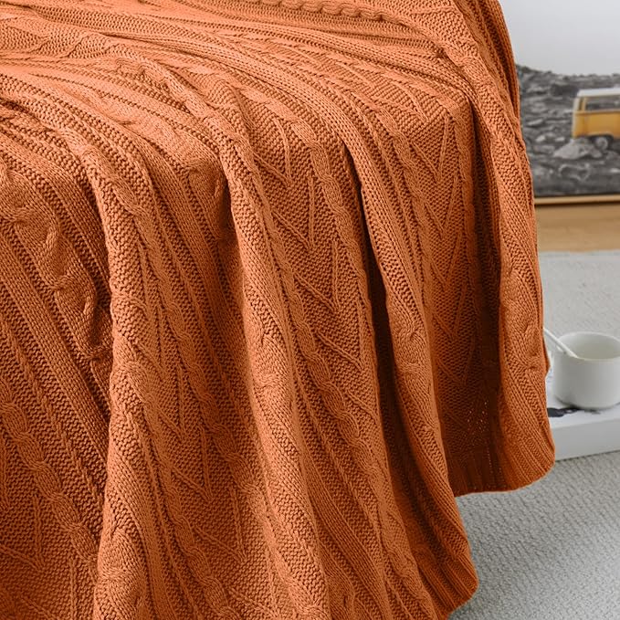 Aormenzy Rust Orange Cable Knit Throw Blankets for Couch Bed Sofa, Acrylic Knitted Blanket, Soft Cozy Throw Blanket, 50" x 60"
