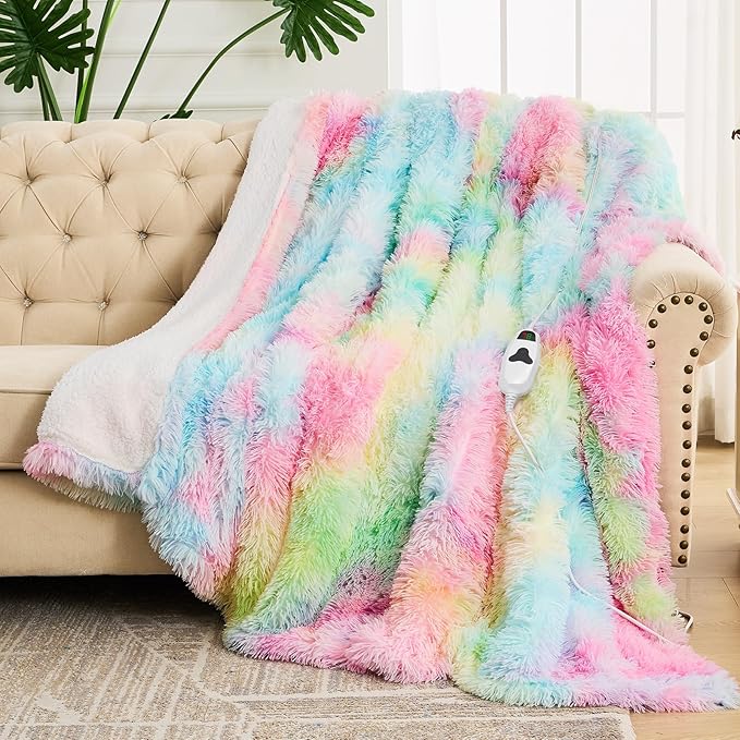 Heated Electric Blanket Twin,Warm Winter Birthday Gifts for Women Her Grandma–Faux Fur with Soft Sherpa,10 Heat Settings,5 Time Settings with Fast Heating, 62x84, Rainbow