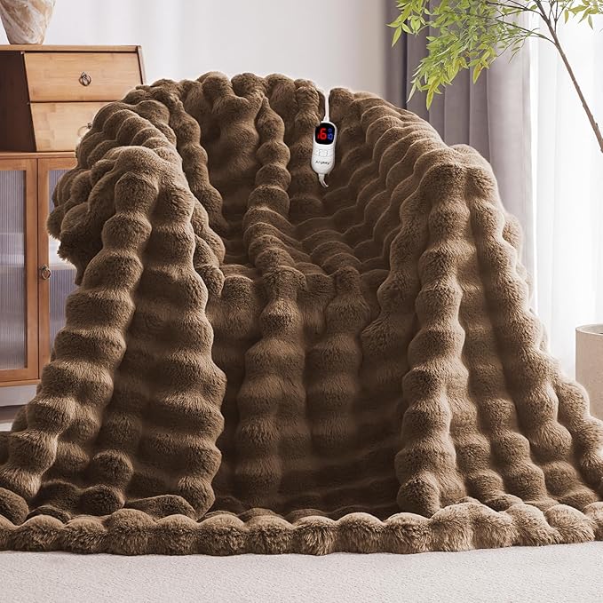 Heated Blanket Throw with 1/2/4/6/8 Hours Auto-Off 10 Heat Level, 50'' * 60'' Cozy Faux Rabbit Fur Bubble Electric Blanket with Overheat Protection(Brown)