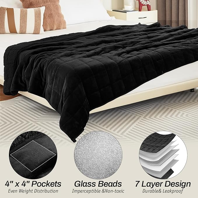 Sherpa Fleece Adult Weighted Blanket, 15 Pounds Dual Sided Soft Plush Blanket for Couch Bed Sofa, Heavy Thick Blankets with Glass Beads Great for Sleep, 60 x 80 inches, Black on Both Sides