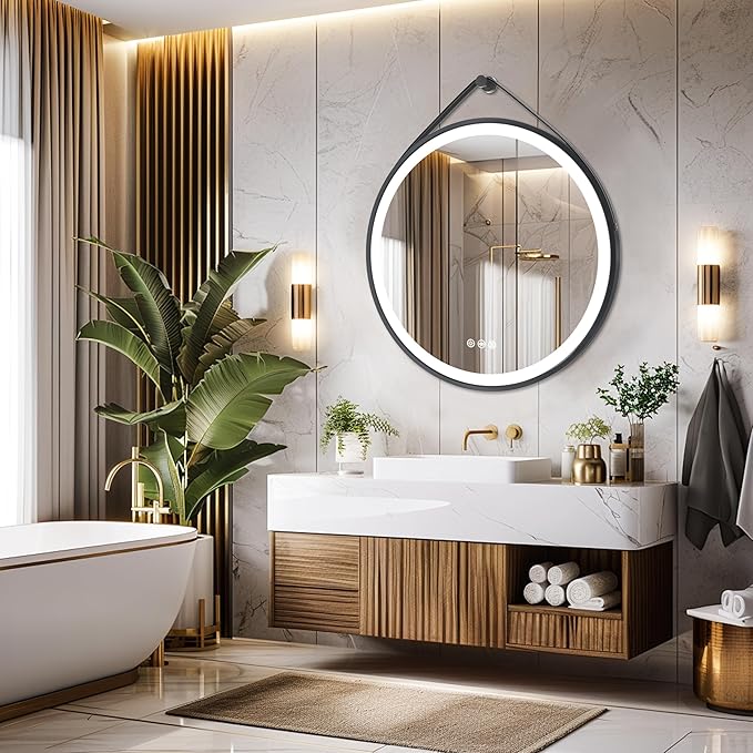 LUVODI Lighted LED Bathroom Mirror: 24” Round Wall Mounted Hanging Vanity Mirror with Front Light - Large Dimmable 3 Colors Makeup Mirror with Black Frame Sensor Touch Anti Fog for Bedroom Entryway