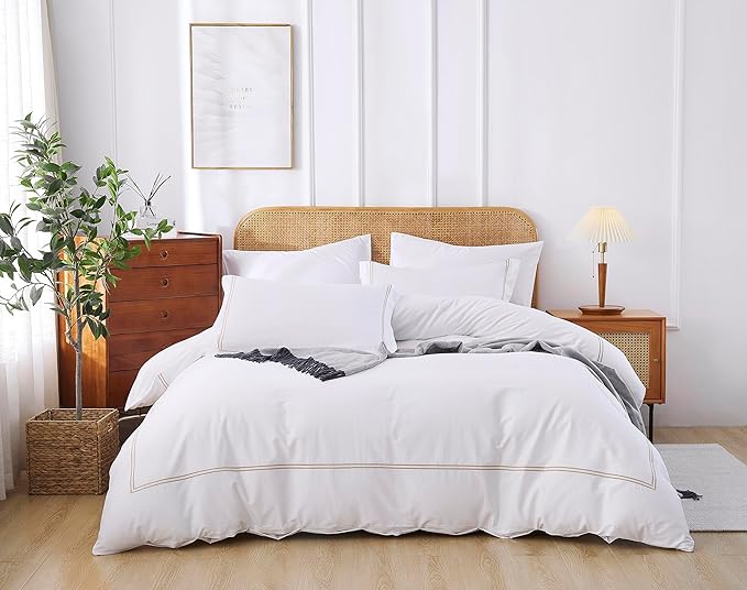 100% Cotton Duvet Cover Set Soft Comfortable with Embroidery Design 3 Pcs Sateen Weave Home Bedding Set (White&Gold, Queen)
