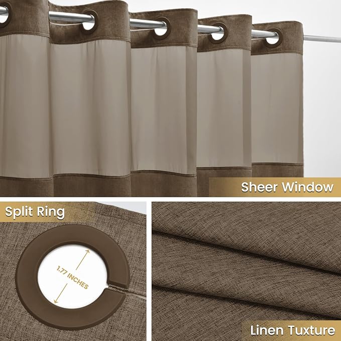 No Hook Brown Shower Curtain and Liner, Linen-Look Polyester Textured Shower Curtain with Snap in Liner, Waterproof & Washable Bath Curtains for Bathroom, 71Wx74H