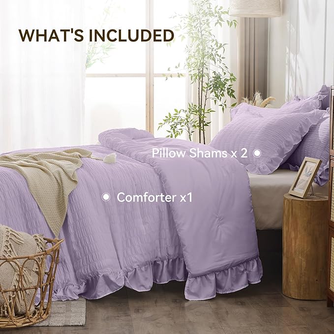 JOLLYVOGUE Lavender King Comforter Set, 3 Pieces Seersucker Comforters King Size, Lightweight & Fluffy Bedding Sets King for All Season with 1 Ruffle Comforter and 2 Ruffle Pillowshams