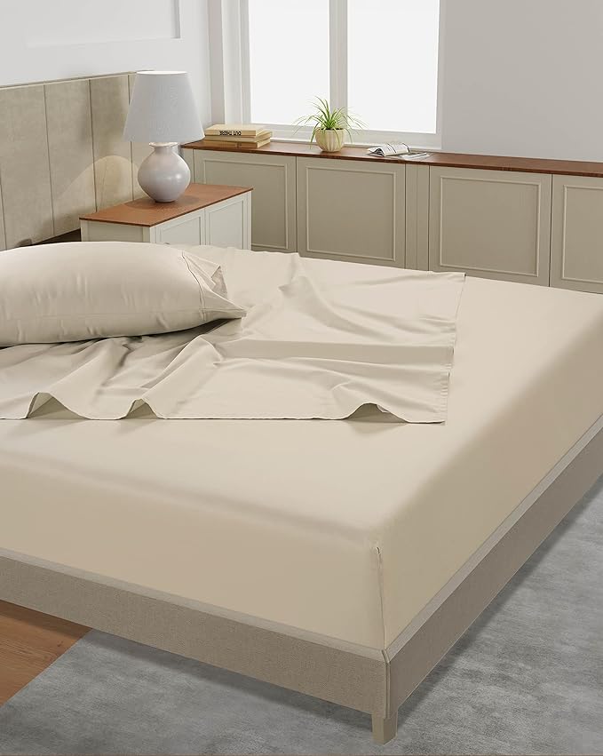 LANE LINEN 100% Cotton Twin Sheets – 450 Thread Count Sateen Sheets, Naturally Cooling & Soft, 15” Deep Pocket Fully Elasticized Fitted Sheet, Hotel Quality Bedding, Machine Washable, Ivory