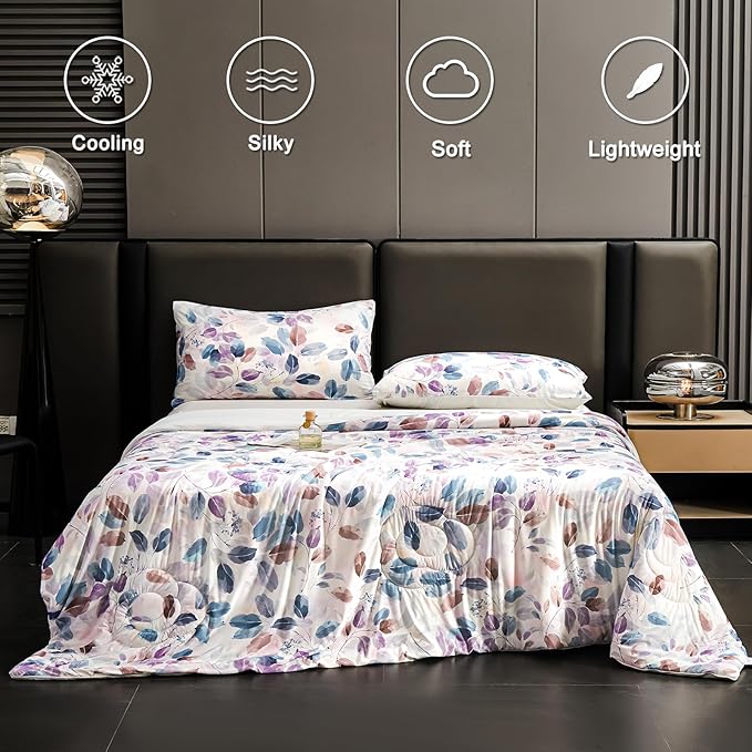 Cyusri Print Cooling Comforter Set 3Pcs Breathable Cool King Size Bedding Set with 2 Pillowcases Leaf Pattern Silky Cold Quilt, Blue 108"x90"