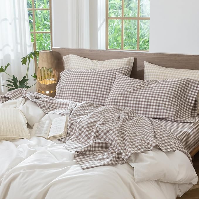 MooMee Gingham Sheet Set 100% Washed Cotton Linen Like Textured Breathable Soft w/Fully Elasticized 16-19" Deep Pocket (Classic Gingham Brown, King)