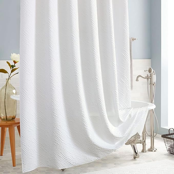 MitoVilla White Modern Fabric Shower Curtain, Farmhouse Waves Cloth Shower Curtains for Neutral Hotel Bathroom Decor, 3D Geometric Embossed Textured, Waterproof & Wrinkle Resistant, 72 x 72