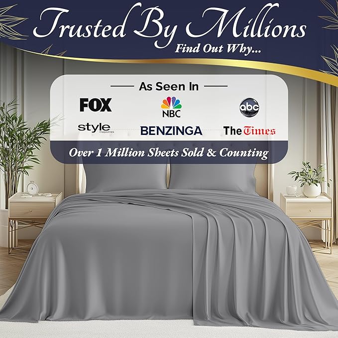 DECOLURE 100% Viscose Derived from Bamboo Sheets King Size 4pcs - Ultra Soft & Luxuriously Cooling, 17" Deep Pocket, Double Stitching, Perfect for Hot Sleepers - King Bed Sheets (Midgrey)