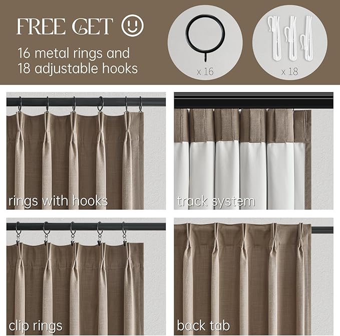 Topfinel 102 Inches Long Custom Blackout Linen Curtains, Pinch Pleated Noise Cancelling Curtains with Pin Hooks for Traverse Rods, Earth Tone Viral Drapes 2 Panels for Living Room Master Bedroom