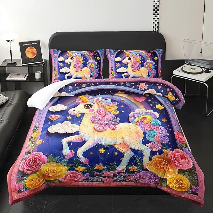 Pink Purple Rainbow Unicorn Flower Comforter Set Twin for Kids Girls，Girls Unicorn and Rainbows Bedding Sets Twin，with 1 Comforter with 2 Pillow Case，Unicorn Bedroom Decor and Bedding Set