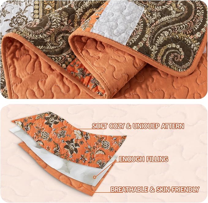 BEDIFANY Farmhouse Cotton Quilts Queen Size for Fall - Lightweight Patchwork Autumn Bedspread Set for Bed Coverlet - Highly-Woven Soft Reversible Bed Spread for All Seasons (Floral Orange) 3 Pieces