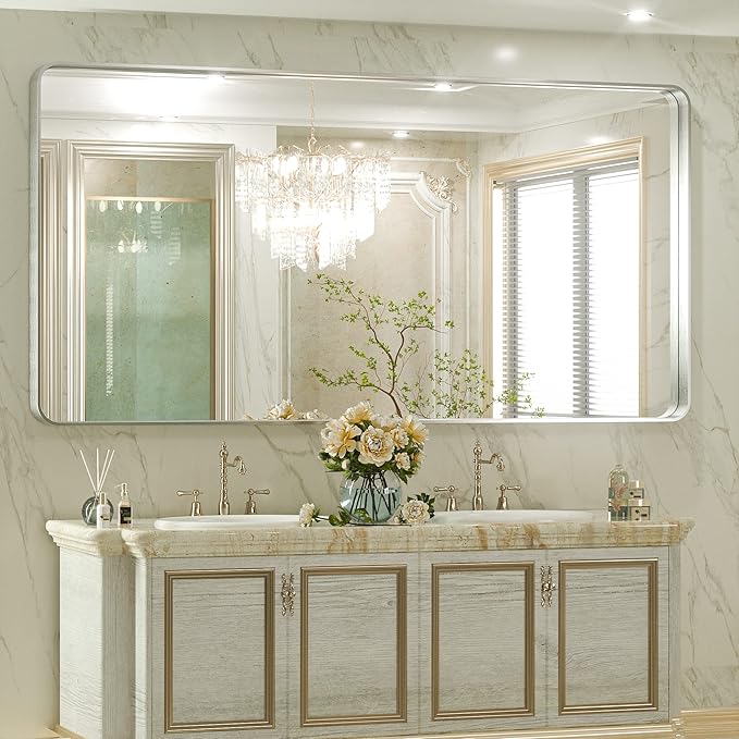TETOTE 72 x 36 Inch Silver Bathroom Mirror, Rectangle Metal Framed Mirrors for Vanity, Brushed Silver Modern Farmhouse Round Corner Wall Mounted Large Mirror (Horizontal/Vertical)