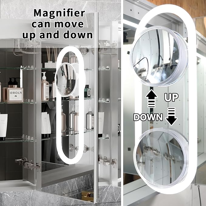 Lighted Medicine Cabinet with Mirror 20"x32" Recessed LED Medicine Cabinet Mirror, Front&Backlit, 3-Color Temperatures，Stepless Dimming, Anti-Fog, Magnifier, 2 Outlets, Storage Shelves, Left Hinge