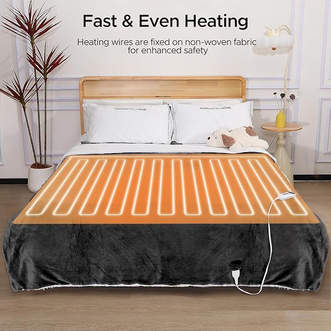 Heated Blanket 72"x84" Full Size, Dual-Sided with Soft Flannel & Sherpa Fabric, Electric Blanket with 9 Heating Levels & 2-10 Hours Auto Off, Machine Washable, Dark Gray