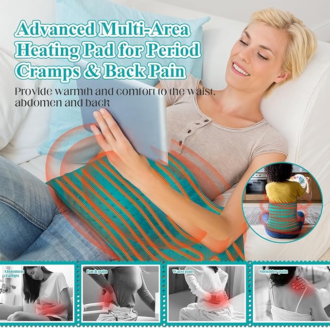 Heating Pad for Back, Heating Pad for Period Cramps/Waist/Shoulders with Belt, Christmas Gifts for Women Men Mom Dad, 6 Heat Settings, 4 Timers, Auto-Off, Machine Washable, Blue Green