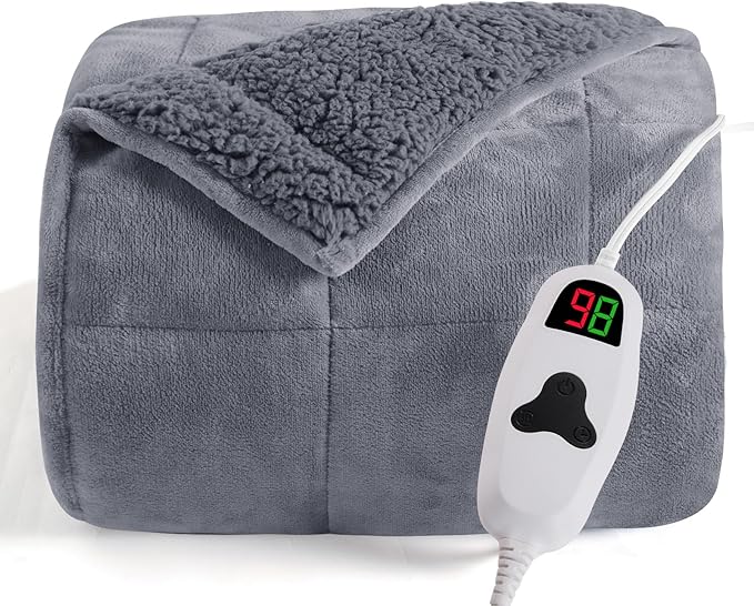 CYMULA Heated Weighted Blanket for Adults, Weighted Heated Blanket 48" x 72", 15lbs Sherpa Fleece Weighted Electric Blanket Soft Heating Blanket with 10 Heating Levels & 1-8 Hours Auto Off, Light Gray