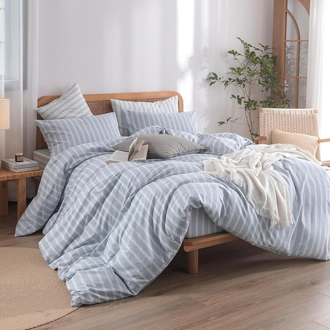 BESTOUCH Duvet Cover Set 100% Washed Cotton Linen Feel Super Soft Comfortable Chic Lightweight 3 PCs Home Bedding Set Cornflower Blue & White Stripes Queen