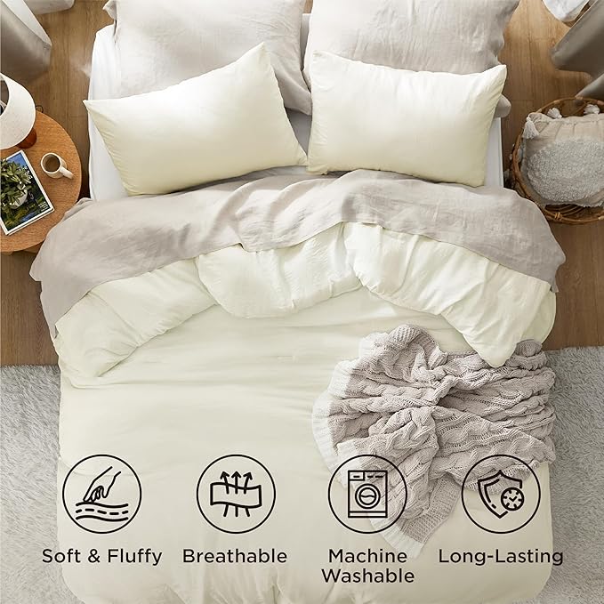 Bedsure Queen Size Comforter Set, Ivory Soft Prewashed Bedding for All Seasons, 3 Pieces GentleSoft™ Warm Down Alternative Bed Set, 1 Lightweight Comforter (90"x90") and 2 Pillowcases (20"x26")