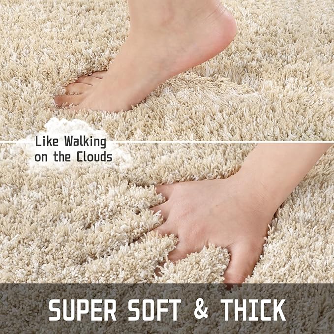 Yimobra Luxury Bathroom Rugs, Fluffy Bath Mats, Non Slip, Water Absorbent Microfiber, Machine Washable, Plush Runner Shower Rugs, Thick Matts for Bathroom Floor/Tub, 70"x 24", Light Beige and White