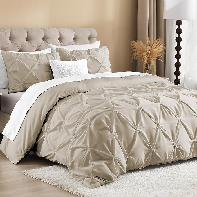 Litanika Oatmeal Oversized King Pinch Pleat Duvet Cover, 3 Pieces Pintuck Cover Soft Microfiber Bedding Set with Zipper Closure & Corner Ties(1 Duvet Cover, 2 Pillowcases)