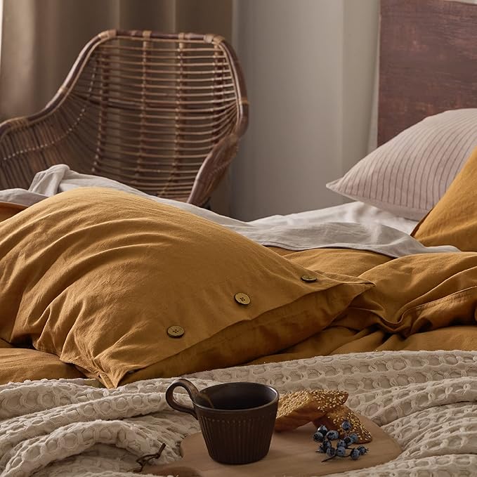 Bedsure Linen Duvet Cover King Size - Linen Cotton Blend Bedding Set, Soft & Cozy, 3 Pieces, 1 Duvet Cover 104x90 and 2 Pillowcases, Pumpkin Yellow Color Cooling Bedding, Comforter Sold Separately