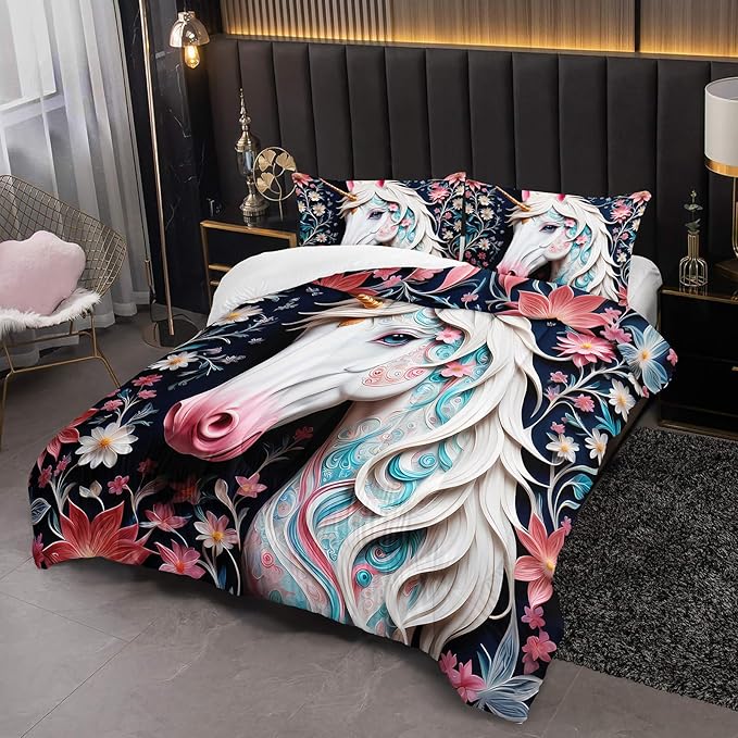 White and Pink Unicorn Flower Queen Size Comforter Set for Girls，Kids Queen Size Unicorn Bedding Sets for Girls，with 1 Comforter with 2 Pillow Case