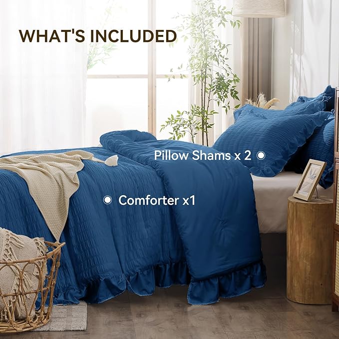 JOLLYVOGUE Teal Comforter Full Size, 3 Pieces Seersucker Lightweight Full Size Bedding, All Season Fluffy Microfiber Bedding Comforter Set with 1 Ruffle Comforter and 2 Ruffle Pillowshams