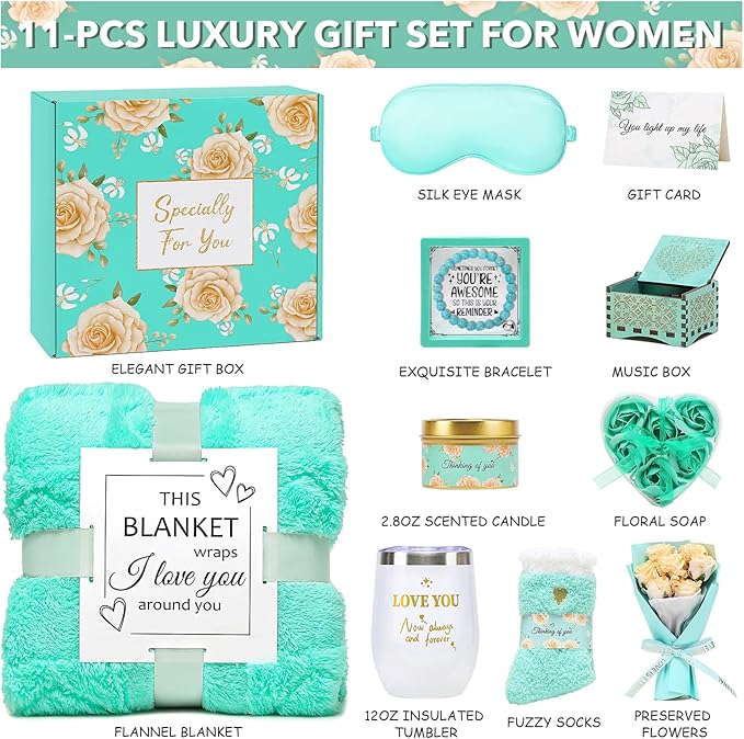 Gift Baskets for Women, Self Care Gifts Spa Basket Set for Women Get Well Soon Gifts with Flannel Blanket Care Package, Thinking of You Christmas Birthday Gifts for Mom Girlfriend Sister Wife