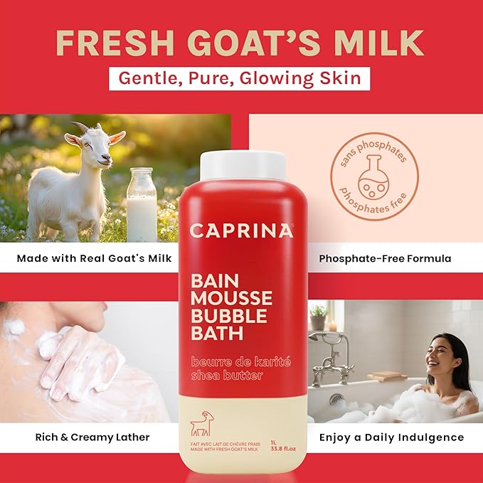 Caprina Fresh Goat’s Milk Bubble Bath, 1L, Hydrating Relaxing Foam Bath, Moisturizing and Gentle on Skin, Made in Canada (Shea Butter)