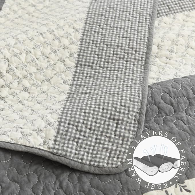 Stripe Quilts Queen Size - 100% Cotton Lightweight Quilt Bedding Set 3 Pieces, Vintage Vine Pattern Quilted Bedspread with 2 Pillow Shams, Farmhouse Printed Coverlet for All Season, Gray