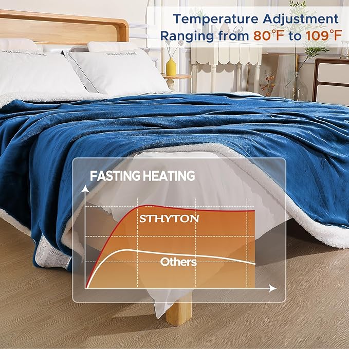Heated Blanket 72"x84" Full Size, Dual-Sided with Soft Flannel & Sherpa Fabric, Electric Blanket with 9 Heating Levels & 2-10 Hours Auto Off, Machine Washable, Blue