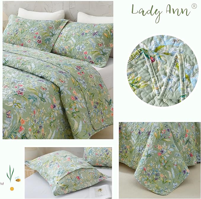 Lady Ann Green Floral 100% Cotton King Quilt Set - Green Flower Bird Butterfly Print Botanical Bedding,Vintage Lightweight Coverlet Ultra Soft Bedspread Set with Pillow Shams for All Season, 3 PCS