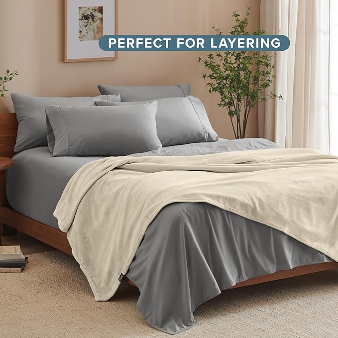Bare Home Fleece Blanket - Full/Queen - Ultra-Soft Lightweight for Bed, Sofa, and Couch - Luxury Microplush - Cozy Warm Blanket (Full/Queen, Oyster)