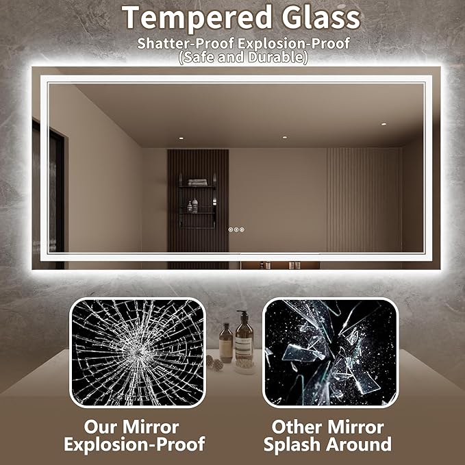 Bathroom Mirror with Lights 36"X72" with Front Light and Backlit, Tempered Glass, Wall Mount Horizontal/Vertical, Stepless Dimmable, 3 Colors, Anti Fog, Bathroom Memory LED Mirror