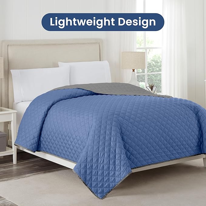 Martex Reversible Coverlet – Twin Bed Quilt – Lightweight Twin Size Bedding – Durable Quilts for Bed – Soft - Easy Care Bedding – Ceil Blue/Gray