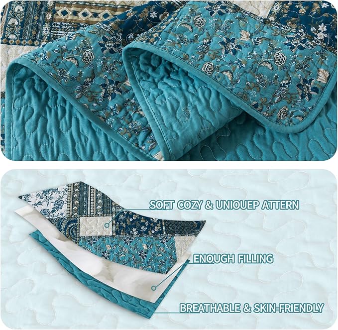 BEDIFANY Cotton California King Size Quilt Set, Lightweight Bedspread Oversized King Coverlet, Soft Farmhouse Quilt Bedding Sets for Bed Decorations for All Seasons (3 Pieces, Blue)