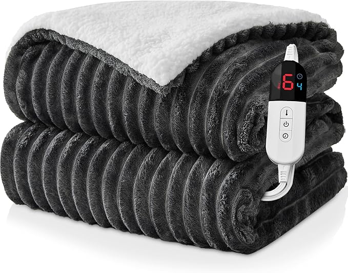 Electric Heated Blanket Twin Size - 62"x84" Fast Heating Bed Blankets with 6 Heating Levels & 10 Hours Auto Off, Soft Ribbed Flannel Sherpa, Over-Heated Protection ETL, Dark Gray