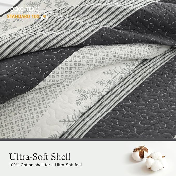 Stripe Quilts Queen Size - 100% Cotton Lightweight 3 Pieces Bedding Set, Vintage Vine Pattern Quilted Bedspread with 2 Pillow Shams, Farmhouse Printed Coverlet for All Season, Green/Gray