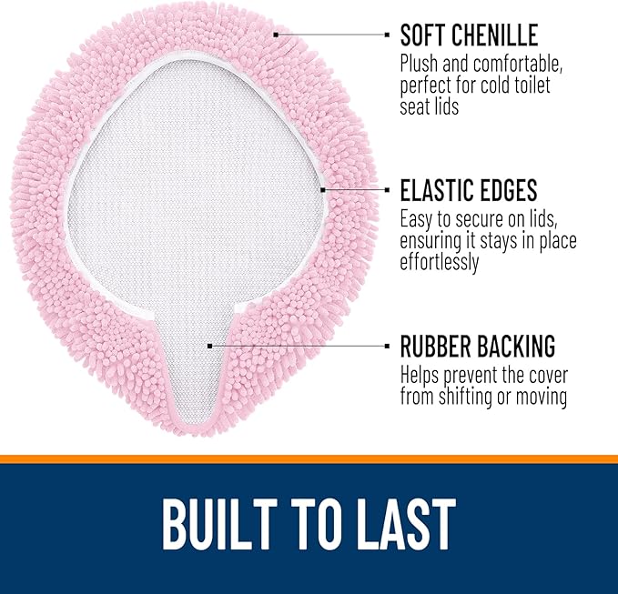 OLANLY Soft Chenille Bathroom Toilet Lid Cover, Machine Washable Seat Covers, 17.5x15, Stays in Place Rubber Backing, Fits Most Round, Elongated and Oblong Lids, Accessories Decor, Pink