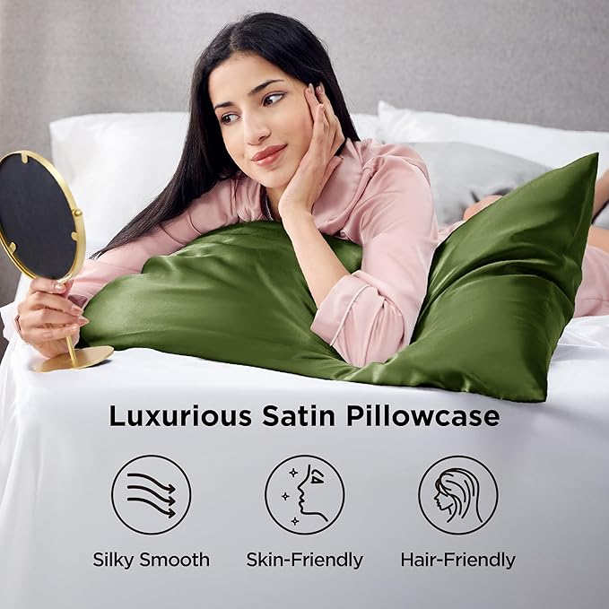 Bedsure Satin Pillowcase 2 Pack Similar to Silk Pillow Cases Standard Size, Pillow Case for Sleeping Women with Envelope Closure, Gifts for Women Men, Moss, 20x26 Inches, 2pcs