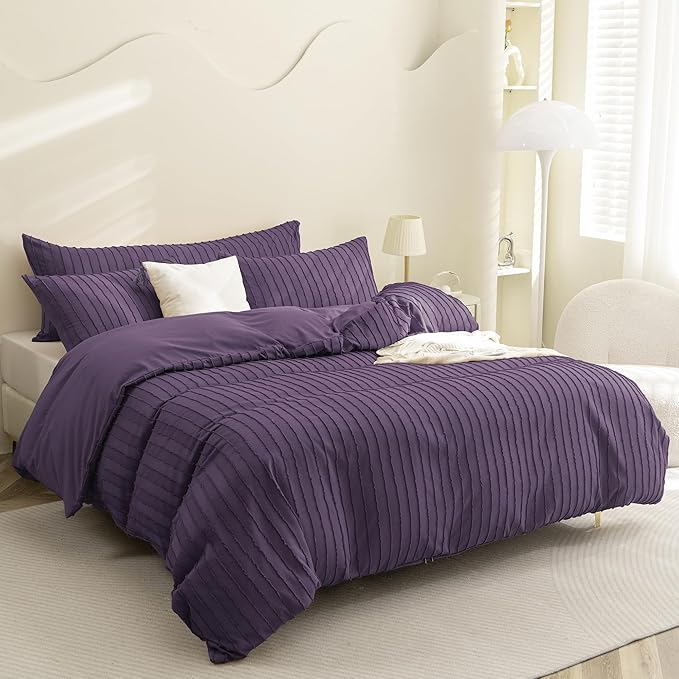 JELLYMONI Duvet Cover Twin Size Purple - 3PCS Boho Striped Duvet Cover Set Polyester Tufted Bohemian Textured Comforter Cover 68×90in with Corner Ties & Zipper and 2 Pillowcases