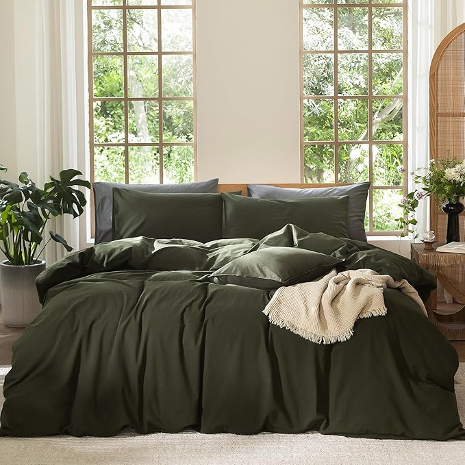 MooMee Bedding Duvet Cover Set 100% Washed Cotton Linen Like Textured Breathable Durable Soft Comfy (Solid Olive Green, Super King Plus 120"x120")